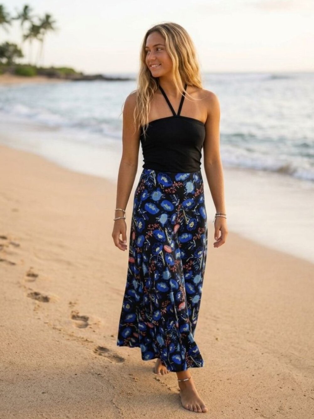 LuLaRoe Blue Floral Maxi Skirt Size XS Stretch Cottagecore Bohemian Festival